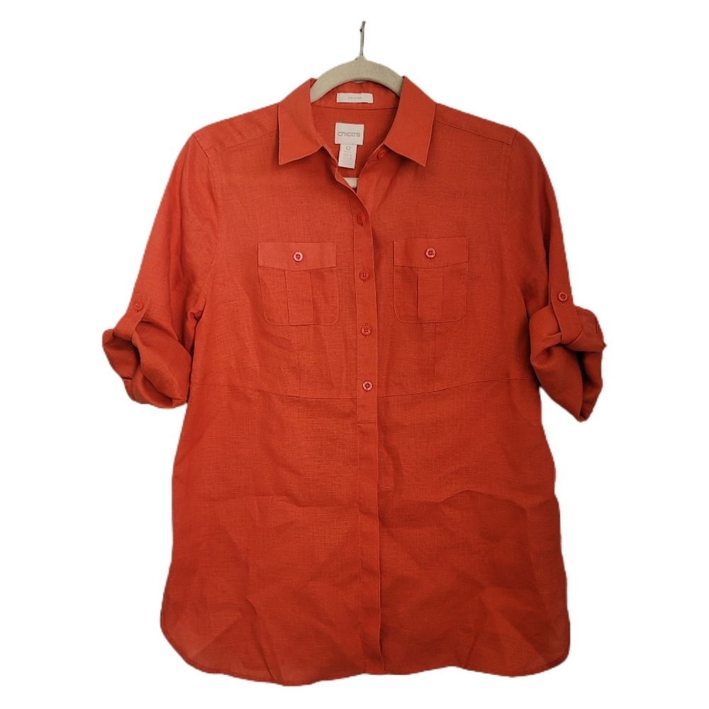 Chicos Top Womens Size 0P S Small Orange Linen Button Up Roll Tab Sleeve No Iron - Picture 1 of 7